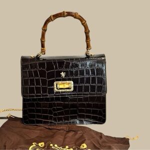 Pratesi Croc Embossed Leather Handbag •
Bamboo Handle • Chocolate Brown • NWT